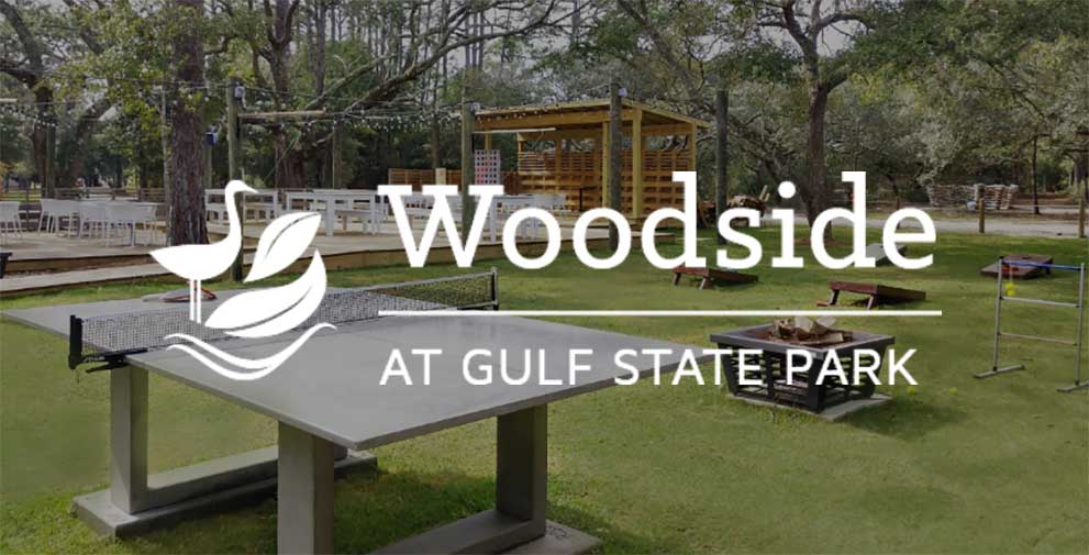 outdoor picnic area with Woodside at Gulf State Park logo superimposed on it